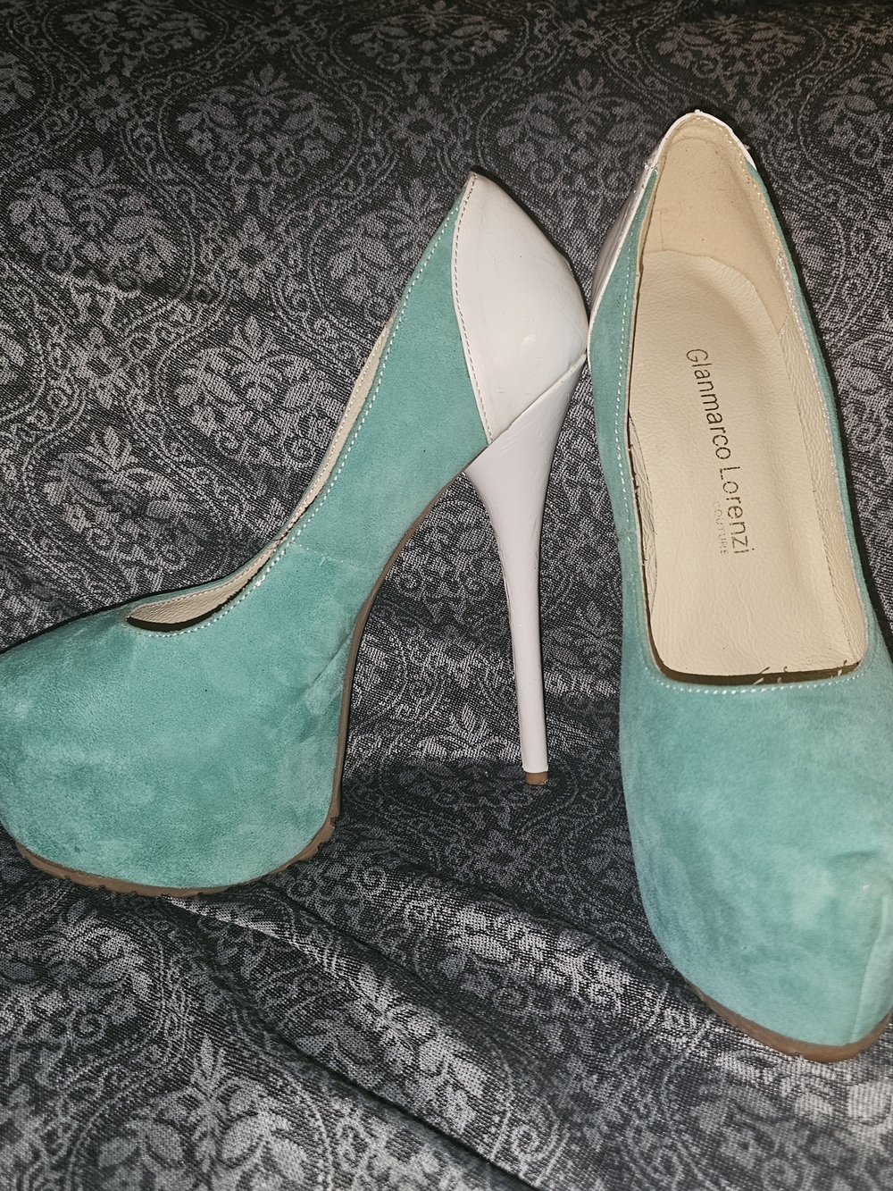 Gianmarco Lorenzi Teal Suede Platform Pumps with White Heel